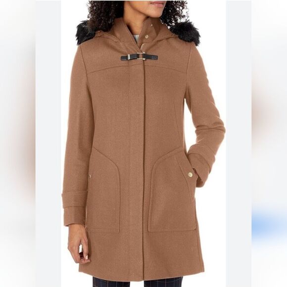 Cole Haan Wool Blend Coat with Fur Hood Size 2 - Picture 3 of 16